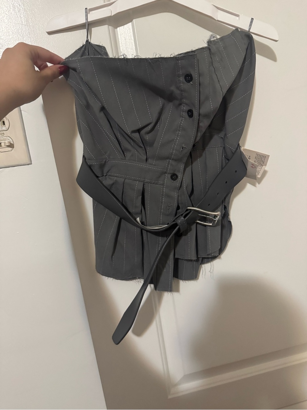 Zara Gray Pinstripe Strapless Belted Top